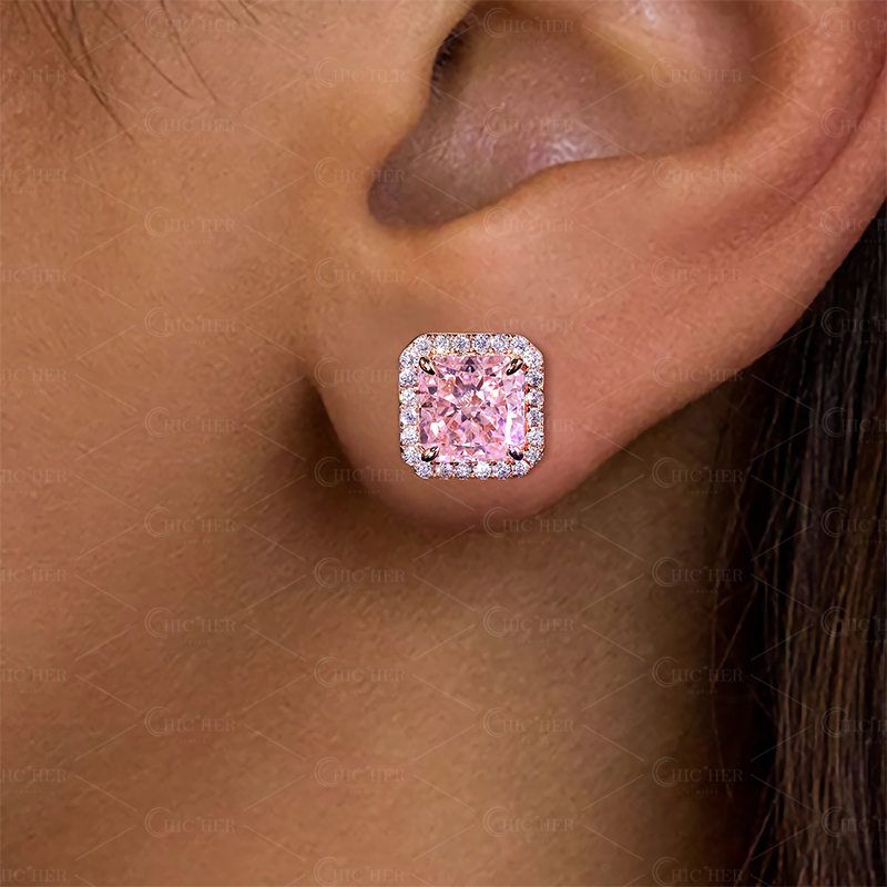 Radiant Cut Pink Sapphire Stud Earrings