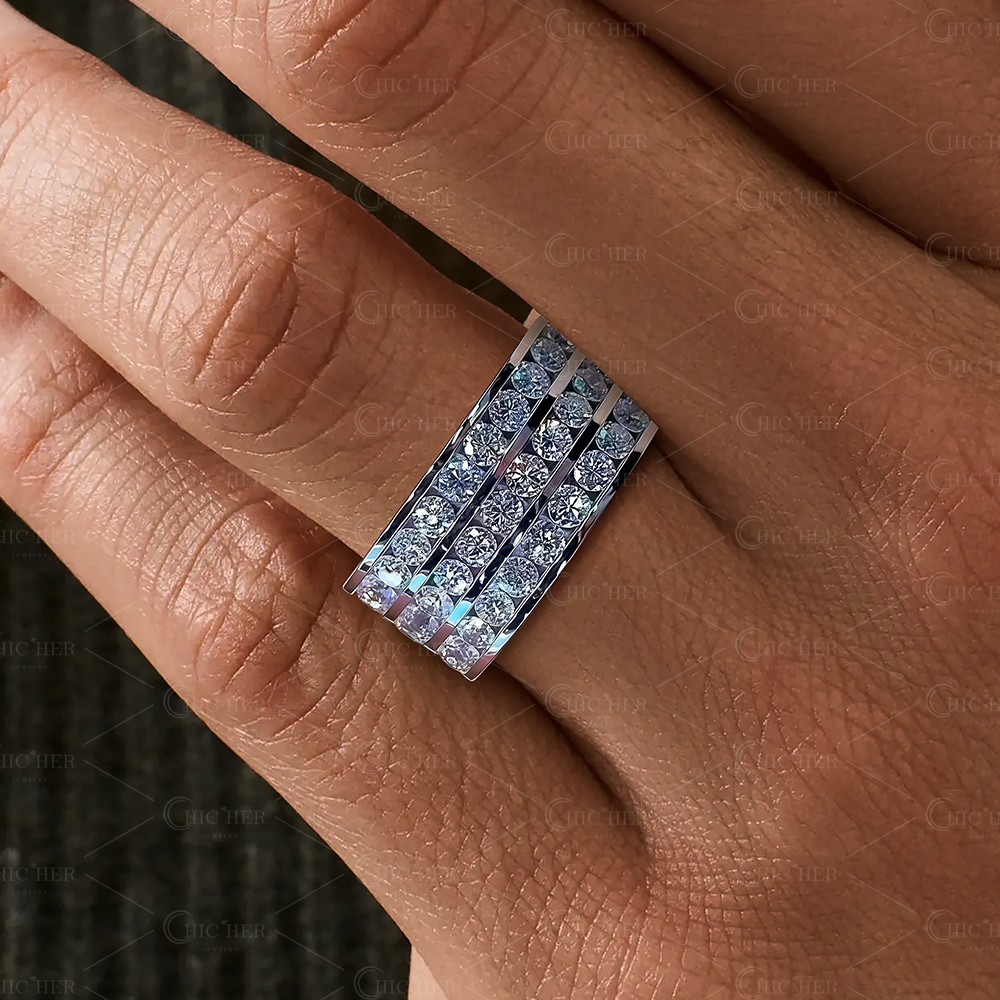 6.45ct Triple-row White Sapphire Men's Eternity Ring