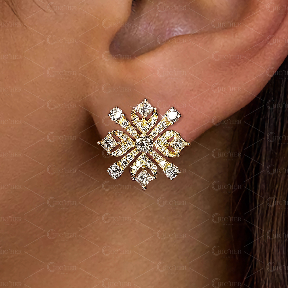 Snowflake Design Round&Princess Cut Stud Earrings