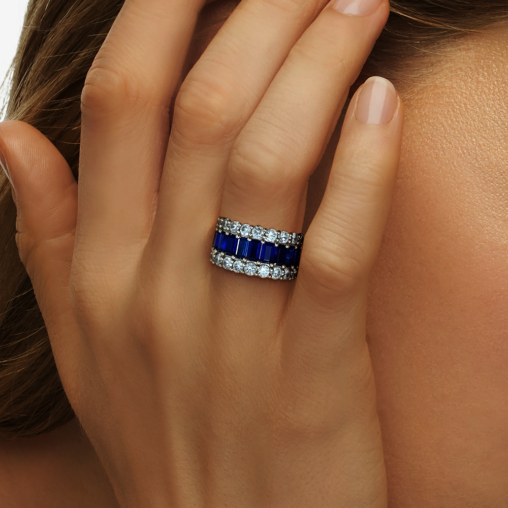 7.35ct Emerald Cut Blue Sapphire Eternity Ring