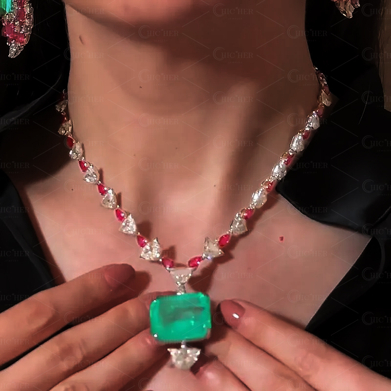 Asscher Cut Emerald Sapphire Pendant Necklace