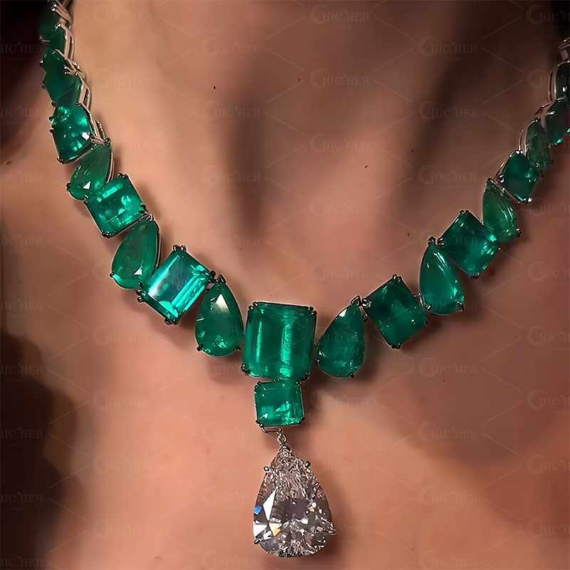 Luxury Multi-Cut Emerald&White Sapphire Pendant Necklace