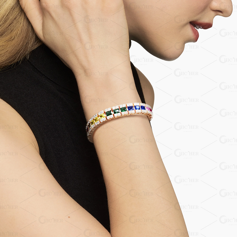 Emerald Cut Rainbow Sapphire Bracelet