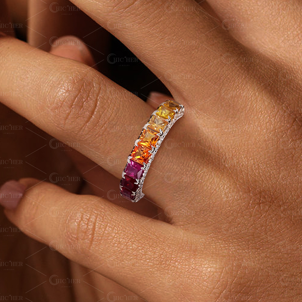 5.25ct Princess Cut Rainbow Sapphire Eternity Ring