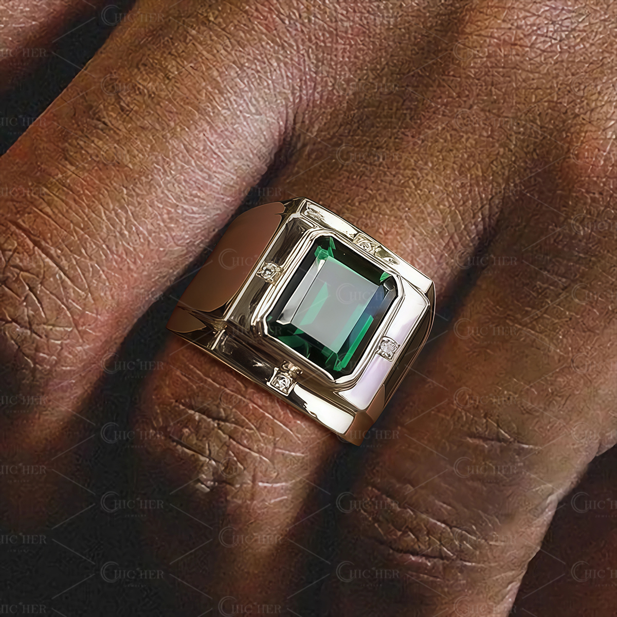 6.5ct Bezel Setting Emerald Cut Emerald Sapphire Men's Engagement Ring