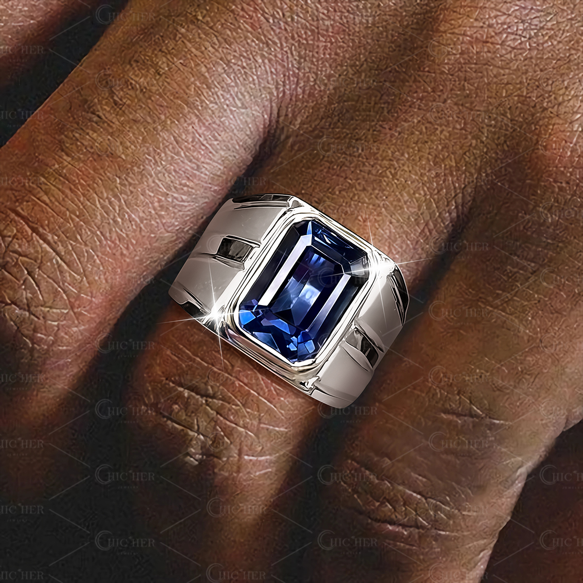 7ct Bezel Setting Emerald Cut Blue Sapphire Men's Engagement Ring