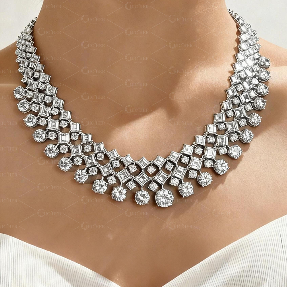 Round&Asscher Cut White Sapphire Luxury Necklace