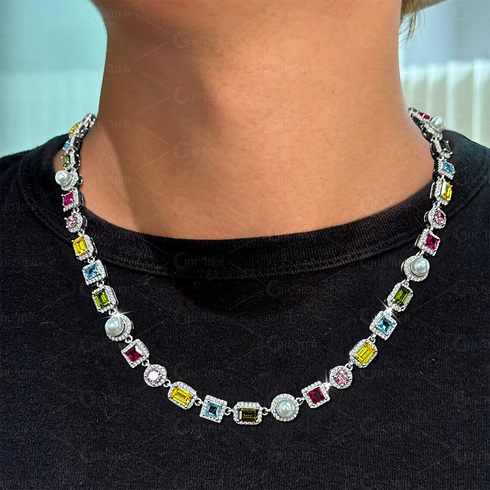 Multi-Shape Cut Rainbow Sapphire Men's Necklace