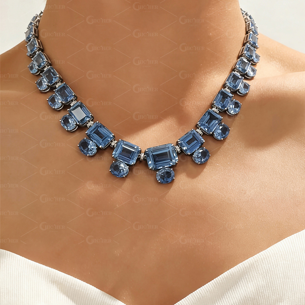 Emerald&Oval Cut Aquamarine Sapphire Necklace