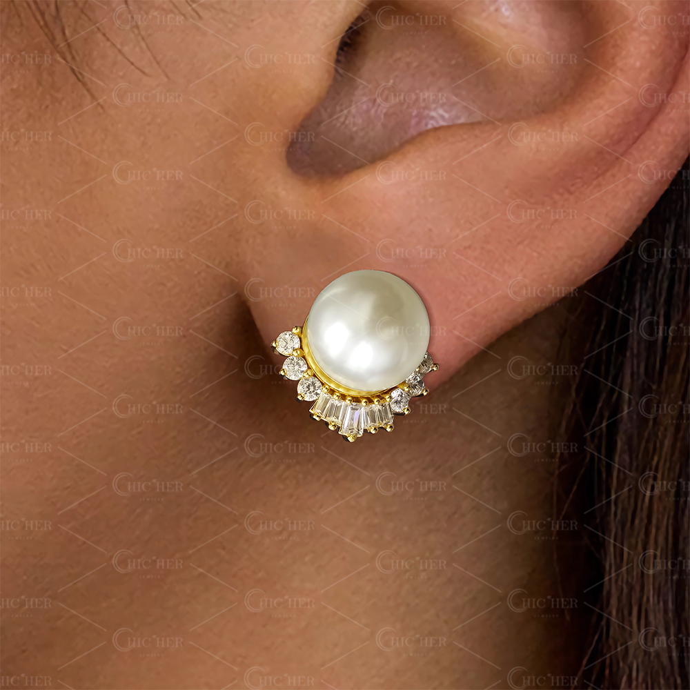 12MM Pearl&Diamond Sapphire Stud Earrings