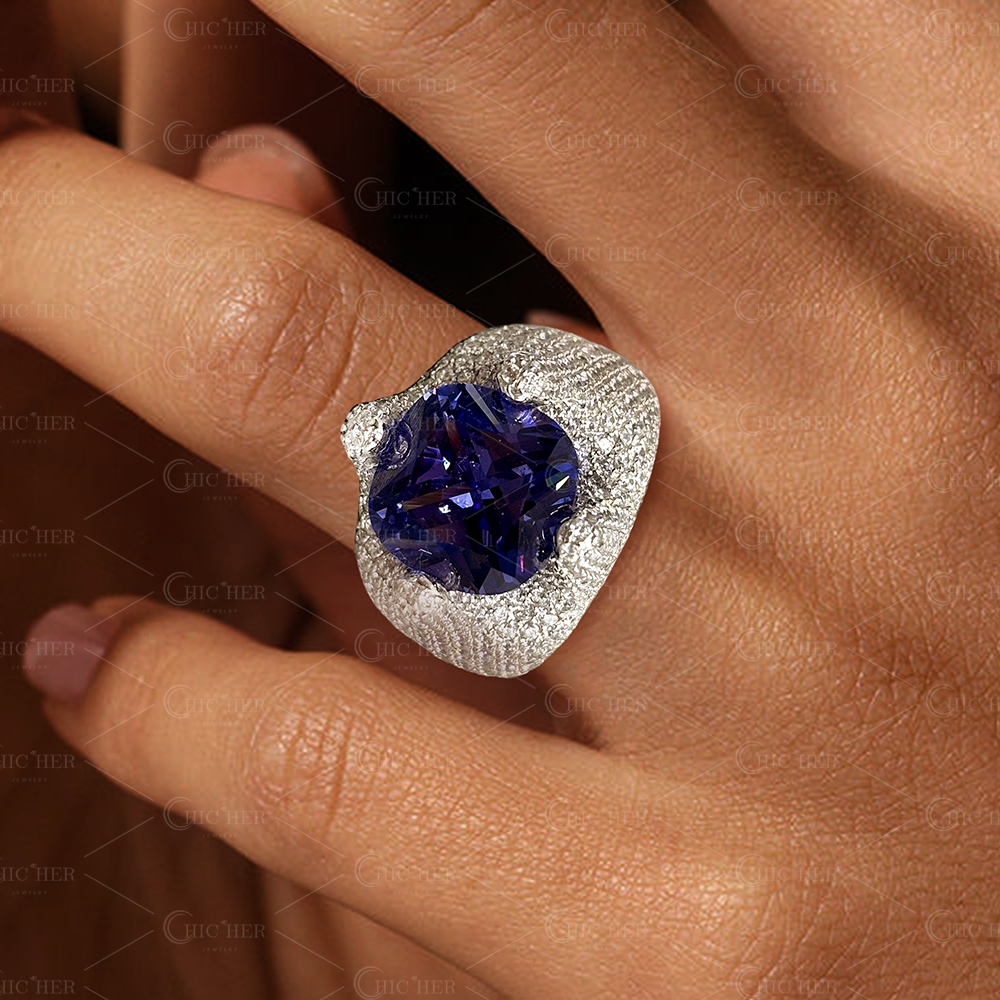 7ct Paved Setting Cushion Cut Blue Sapphire Cocktail Ring