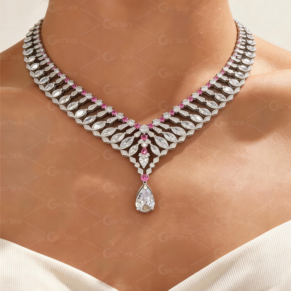 Multi-cut White&Pink Sapphire Layering Necklace
