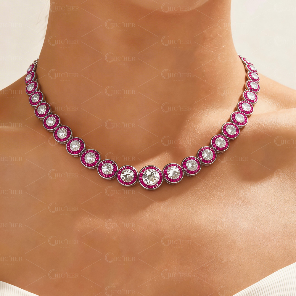 Art Deco Round Cut Ruby Sapphire Necklace