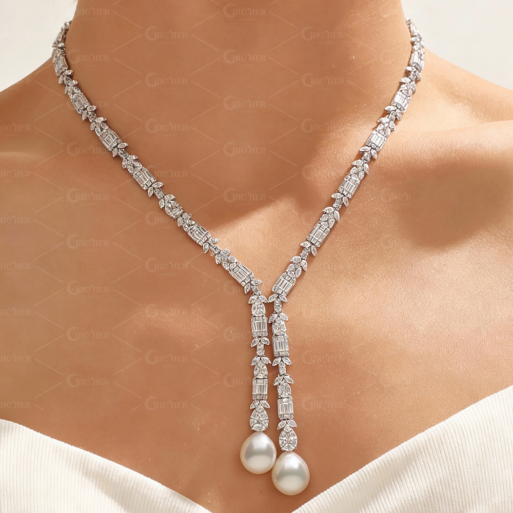 Multi-cut Pearl&White Sapphire Lariat Necklace