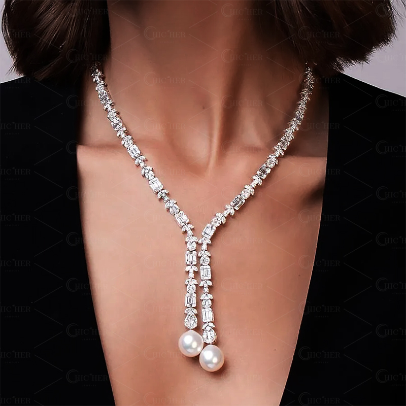 Multi-cut Pearl&White Sapphire Lariat Necklace