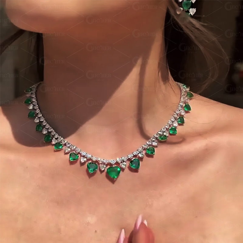 Heart Cut Emerald Sapphire Necklace&Earrings Set/2pcs