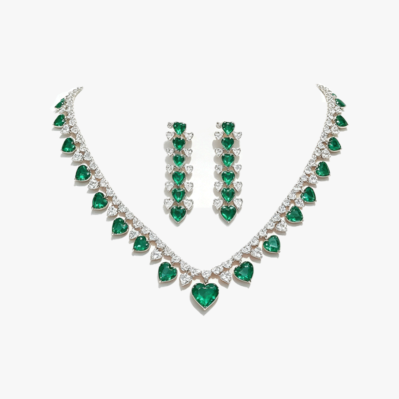 Heart Cut Emerald Sapphire Necklace&Earrings Set/2pcs