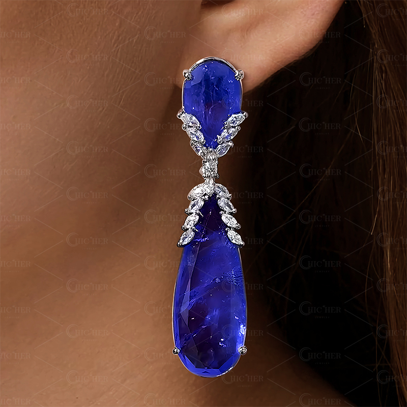 Pear Cut Blue Sapphire Drop Earrings