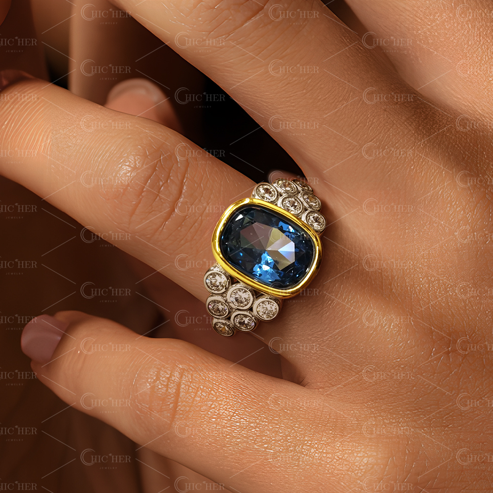 3ct Art Deco Cushion Cut Blue Sapphire Engagement Ring