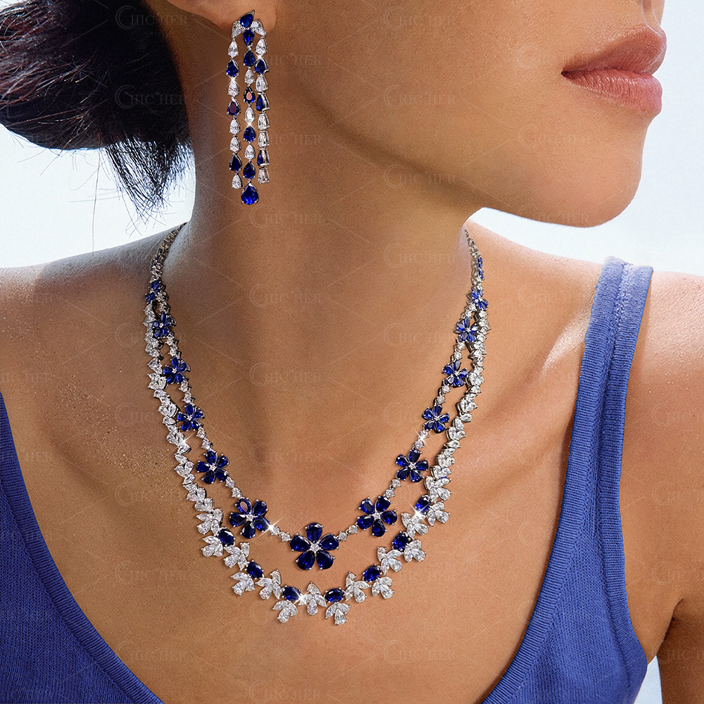 Floral Design Blue Sapphire Necklace&Earrings/2pcs