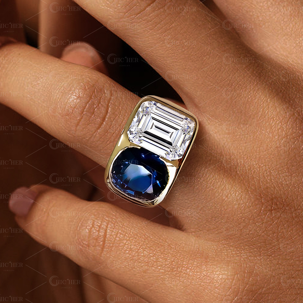 6.25ct Cushion&Emerald Cut Blue&White Sapphire Engagement Ring