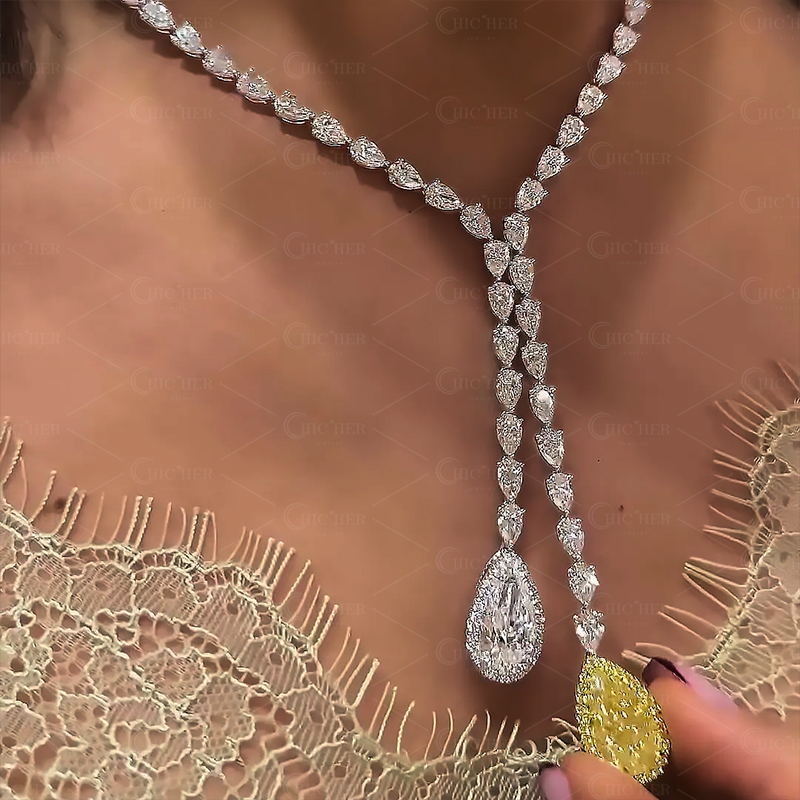 Pear Cut White&Yellow Sapphire Lariat Necklace