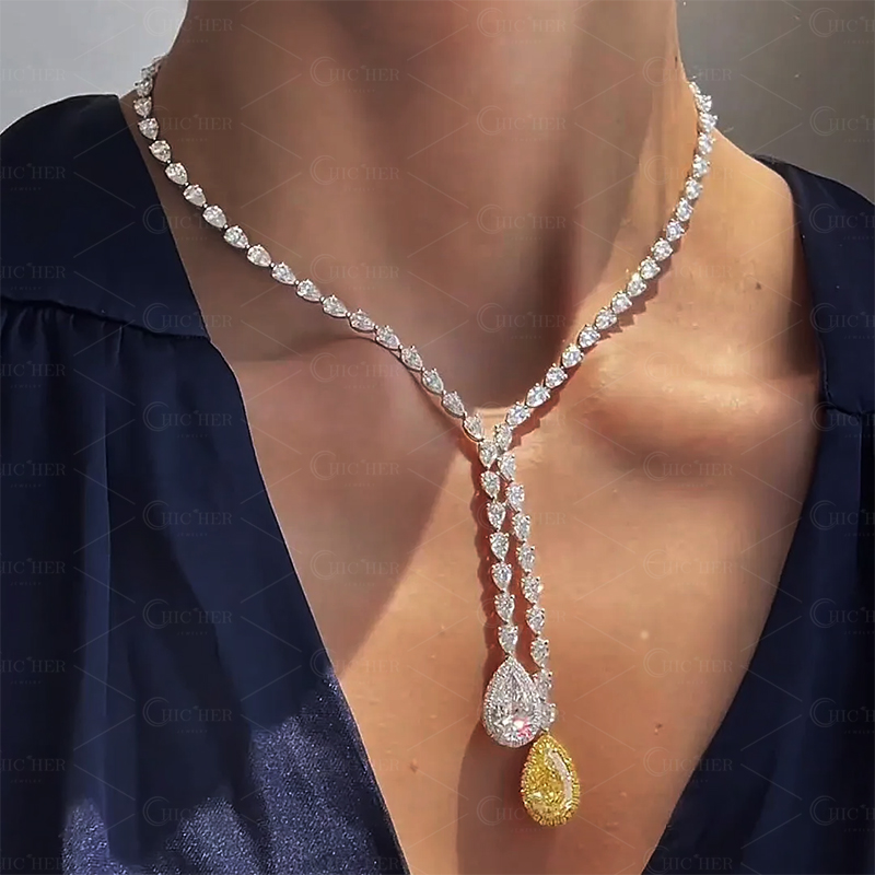 Pear Cut White&Yellow Sapphire Lariat Necklace