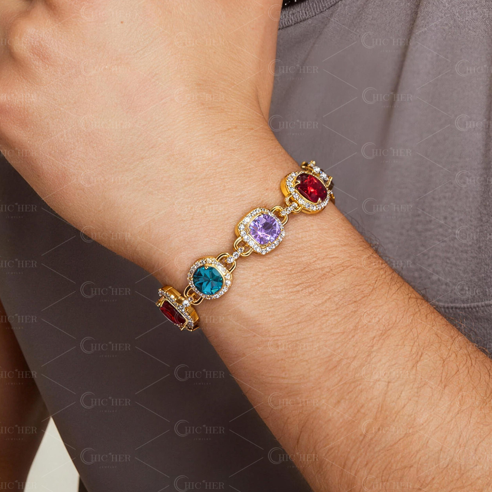 Multi Cut Rainbow Sapphire Men's Bracelet
