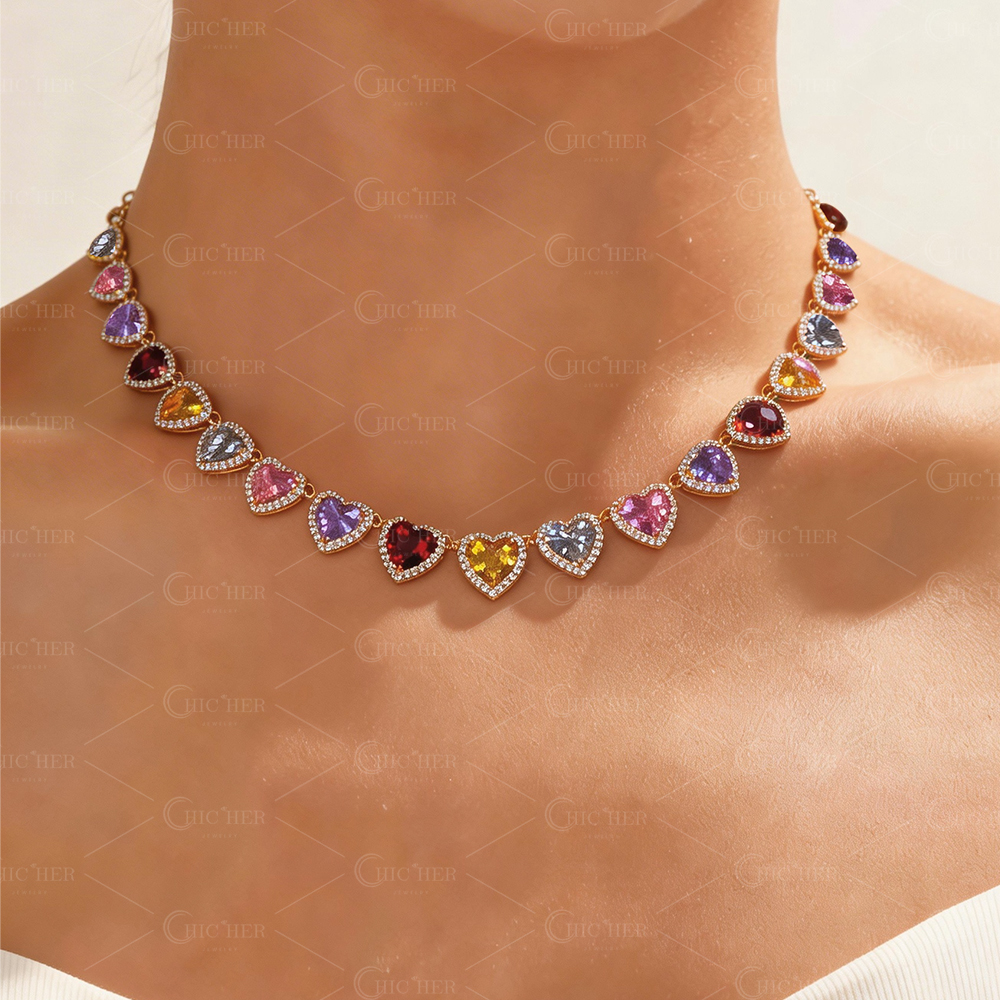 Love Heart Cut Rainbow Sapphire Necklace Choker