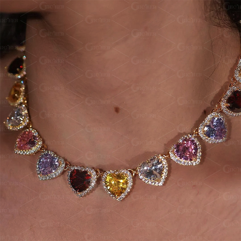 Love Heart Cut Rainbow Sapphire Necklace Choker