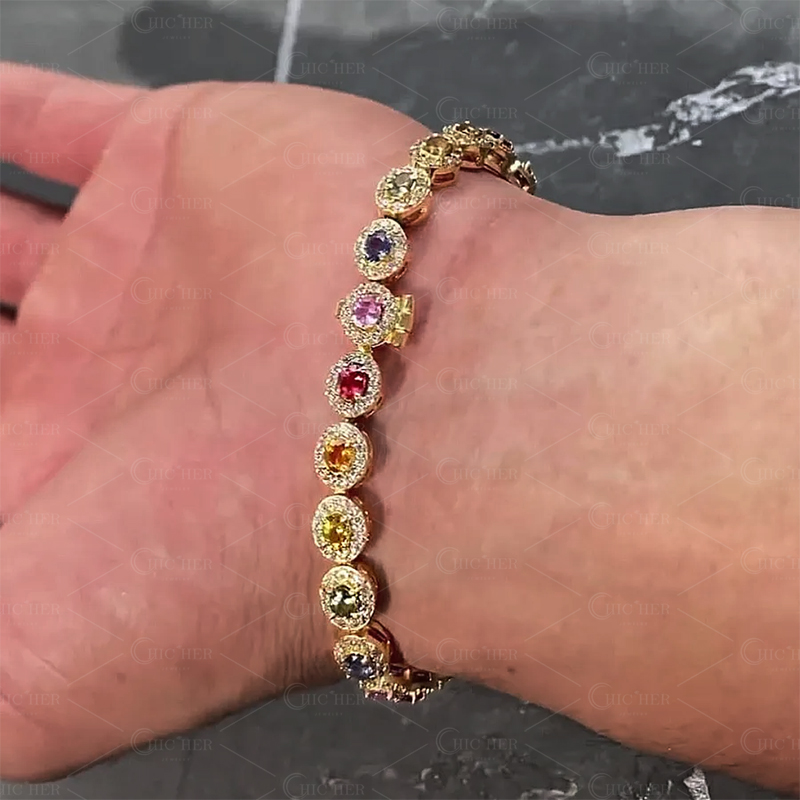 Oval Cut Rainbow Sapphire Tennis Bracelet In Gold