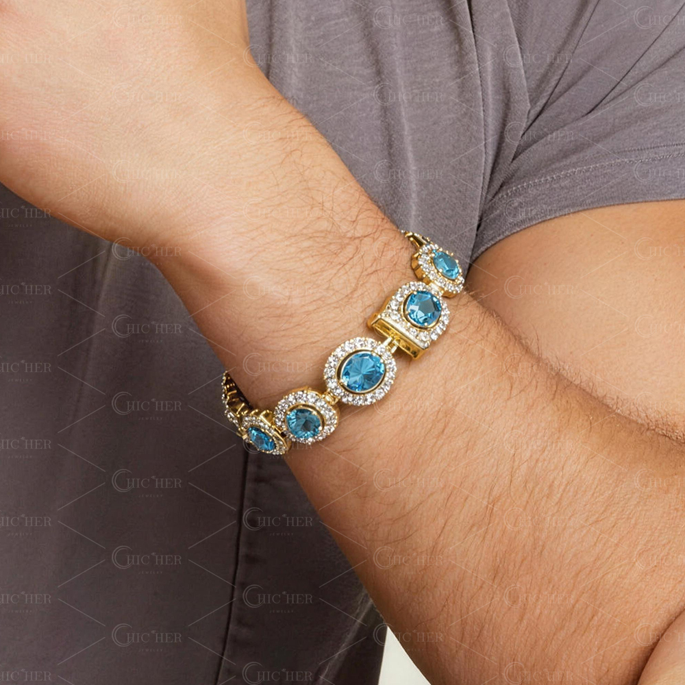 Fashion Halo  Aquamarine Sapphire Men Bracelet