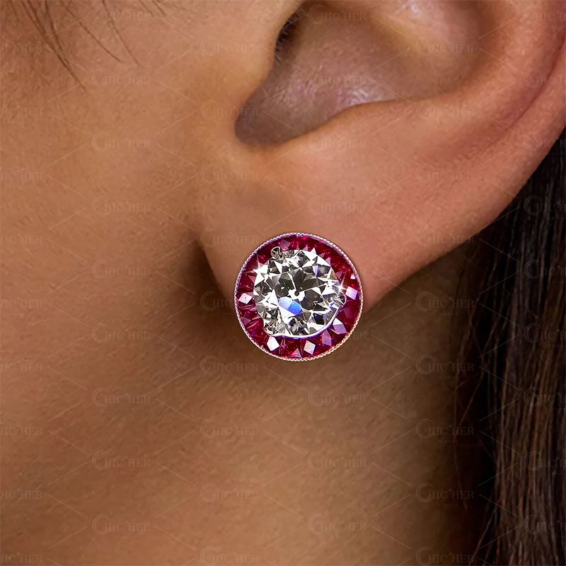 Ruby Halo Round Cut White Sapphire Stud Earrings