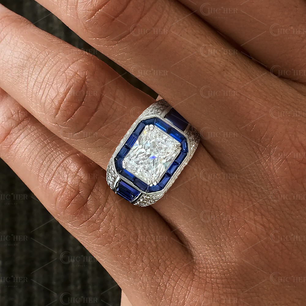 4ct Sapphire Halo Emerald Cut White Sapphire Men's Ring