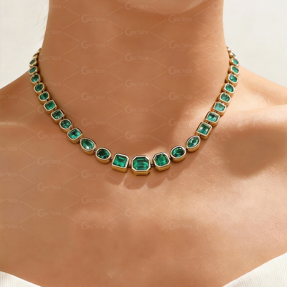 Bezel Setting Multi Cut Emerald Sapphire Necklace