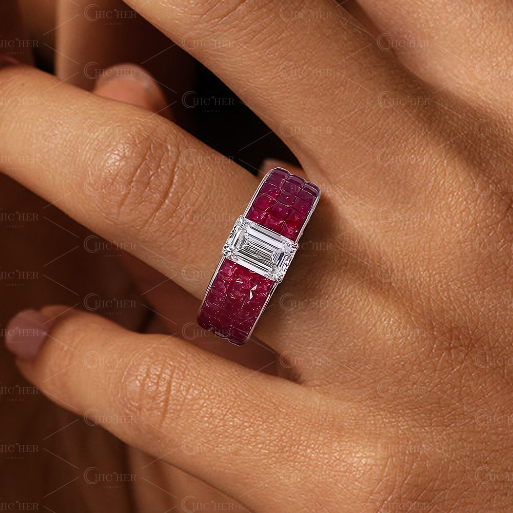 5ct Emerald Cut White Sapphire&Ruby Engagement Ring