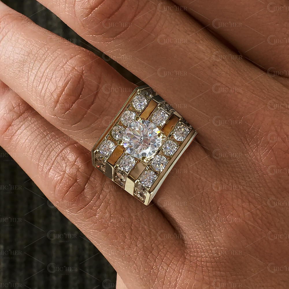 3ct Round Cut Men's Wide Band in Gold