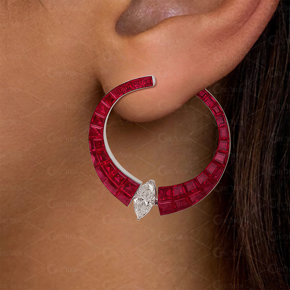 Marquise&Baguette Cut Ruby&White Sapphire Hoop Earrings
