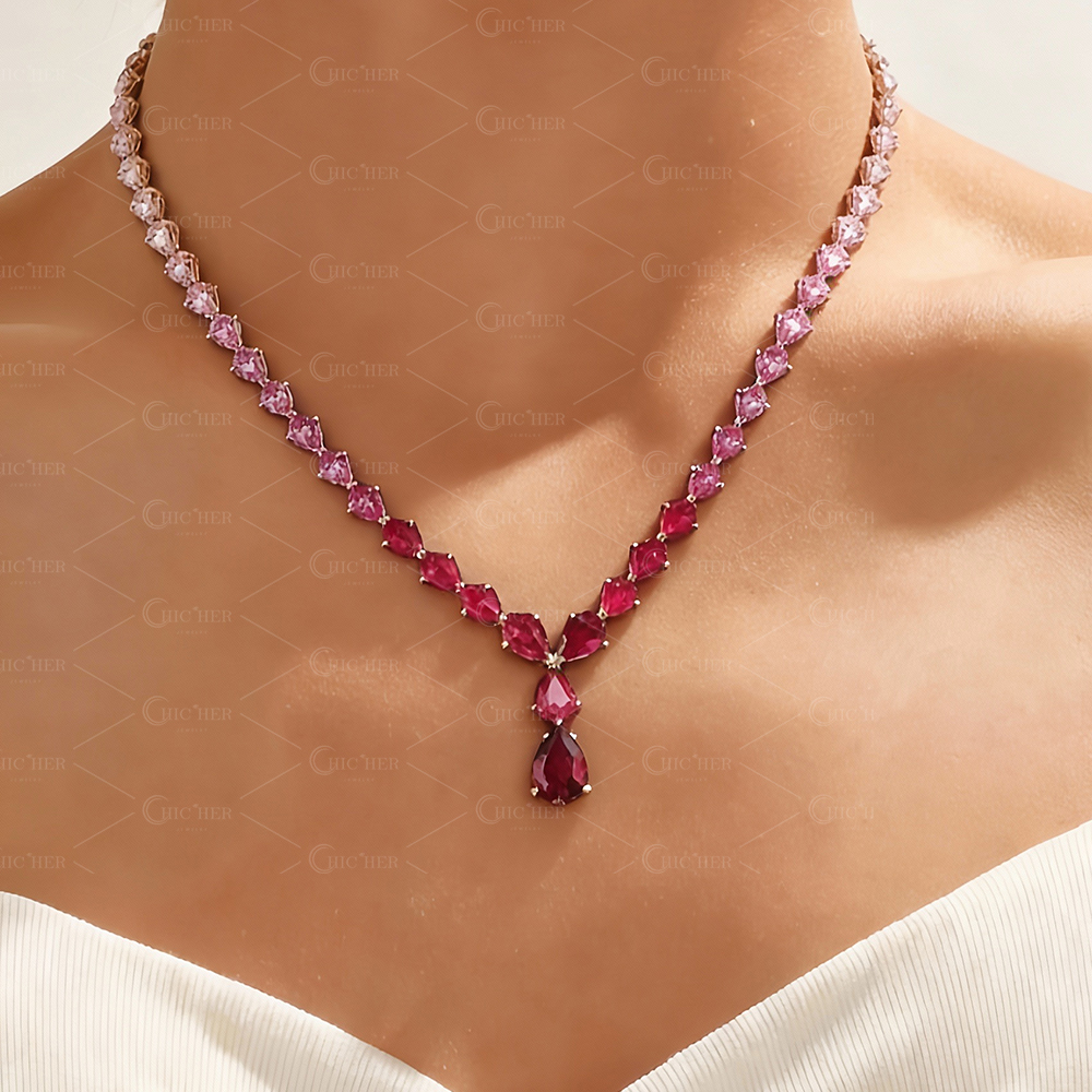 Gradient Fuchsia Pear Cut Gemstone Necklace