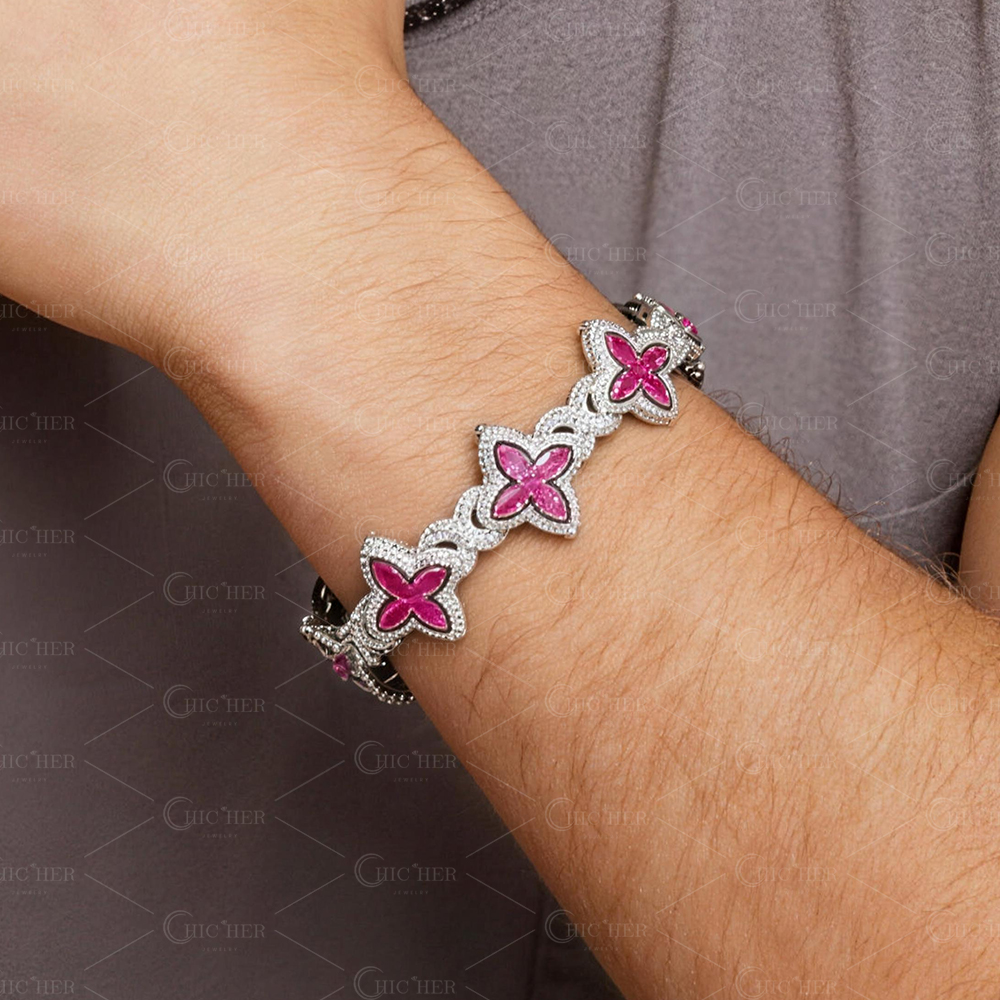 Marquise Cut Pink Sapphire Chain Bracelet for Men