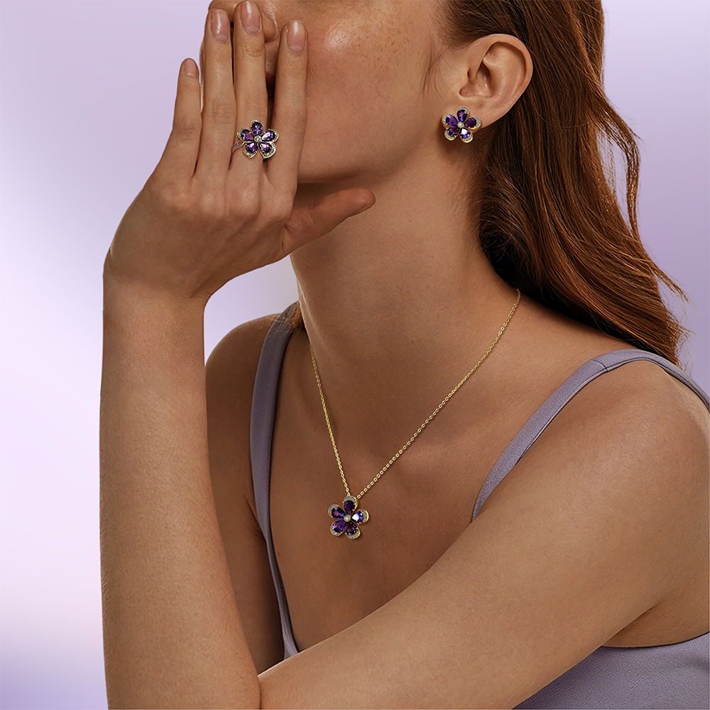 Pear Cut Amethyst Sapphire Ring&Necklace&Earrings Set / 3PCS
