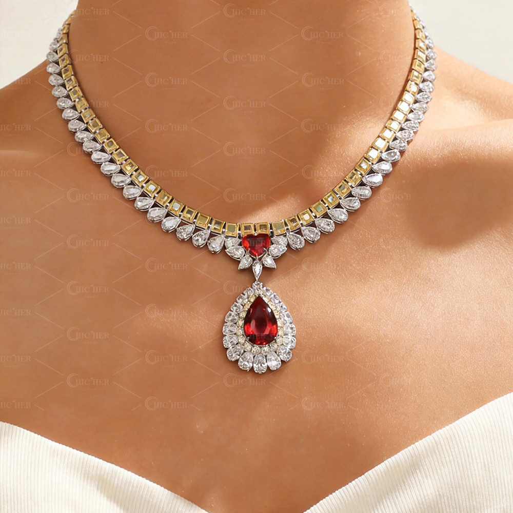 Two-tone Pear Cut Lab-created Sapphire Pendant Necklace