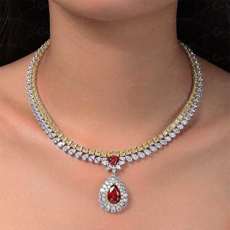 Two-tone Pear Cut Lab-created Sapphire Pendant Necklace