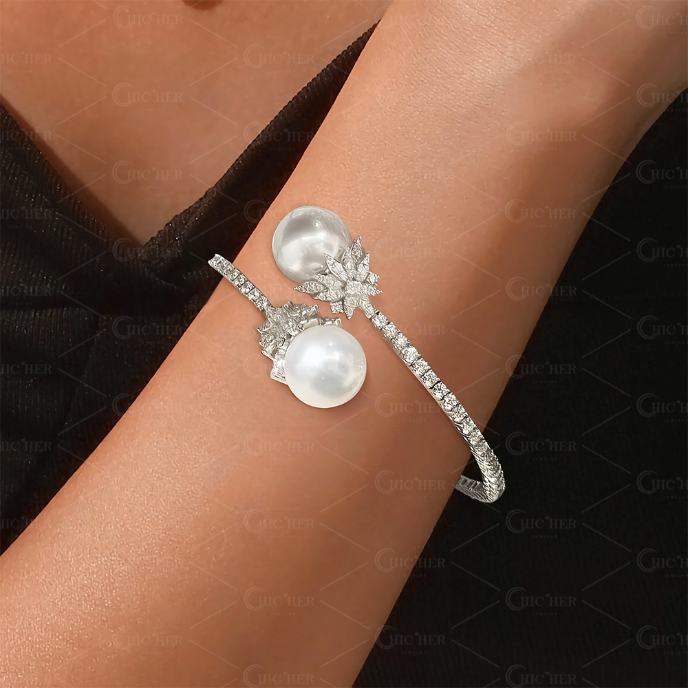 Open Design Marquise Cut White Sapphire Bracelet With Pearl