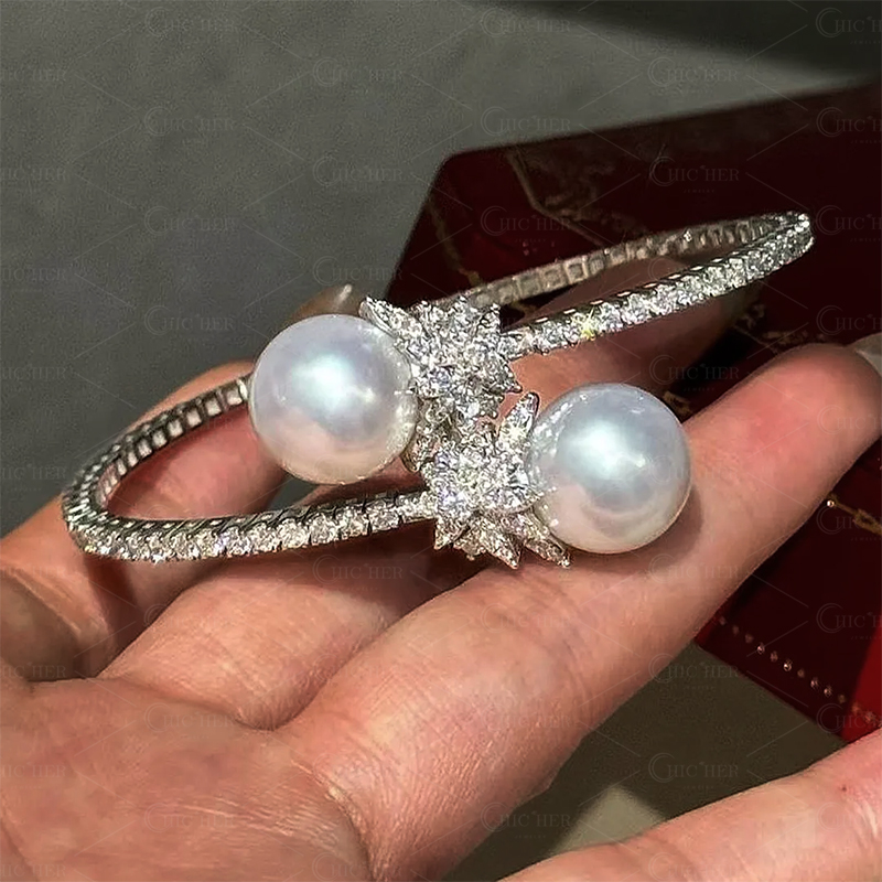 Open Design Marquise Cut White Sapphire Bracelet With Pearl