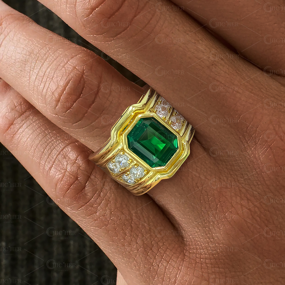 6ct Emerald Cut Emerald Sapphire Men's Engagement Ring