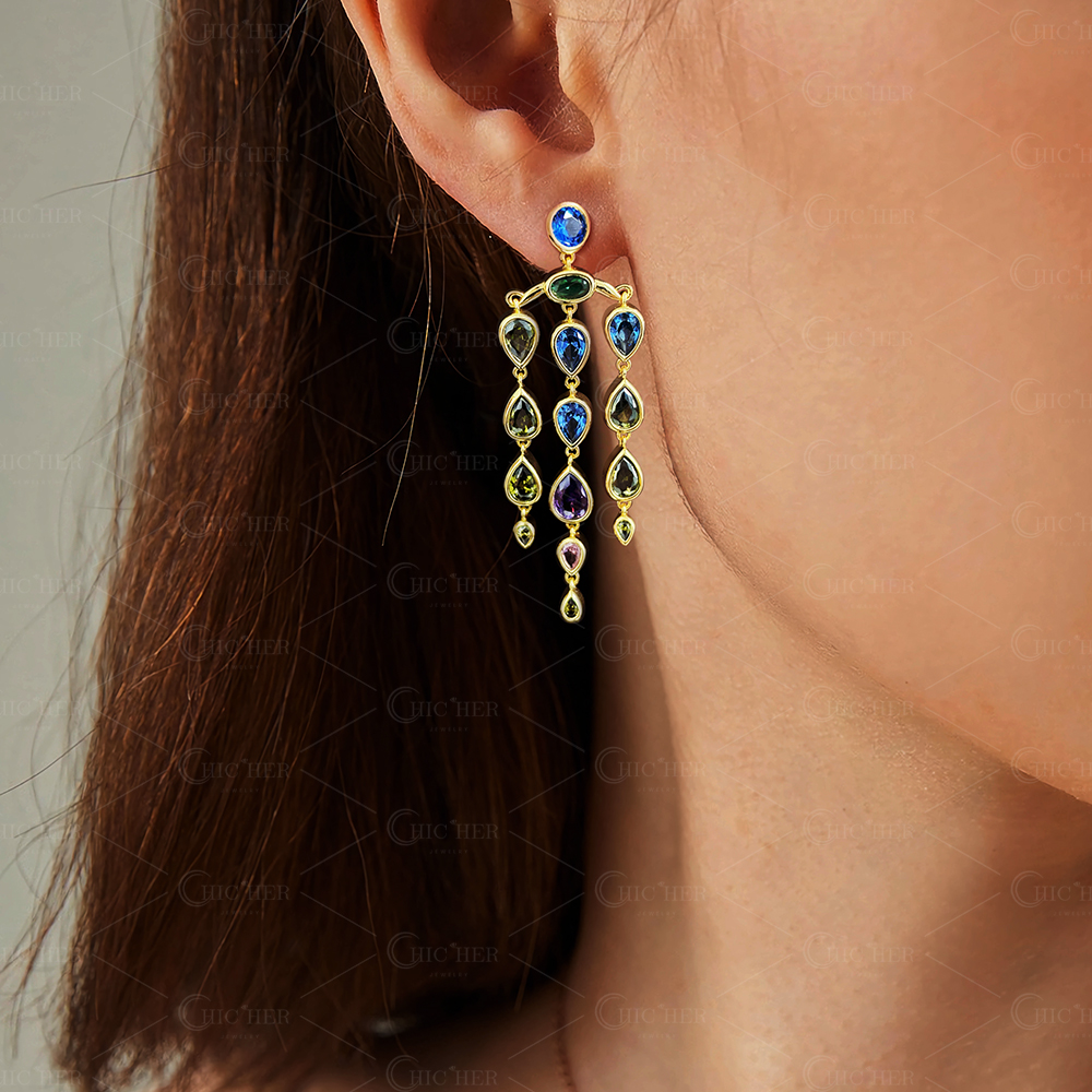 Lios Tassel Design Multi Color Gemstone Drop Earrings