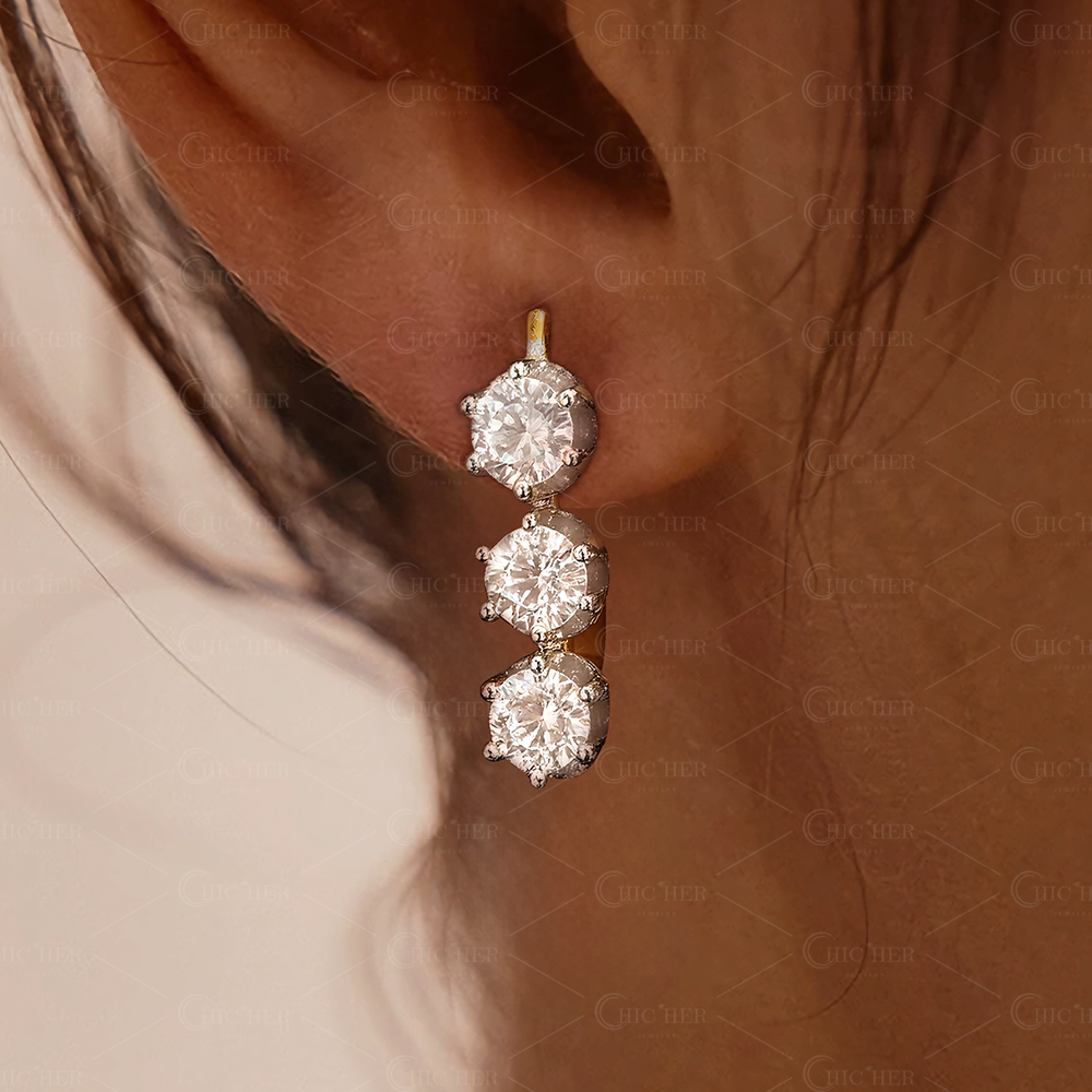 Three-stone Round Cut White Sapphire Dangle Earrings