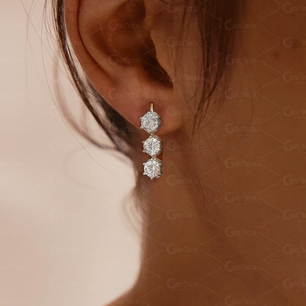 Three-stone Round Cut White Sapphire Dangle Earrings