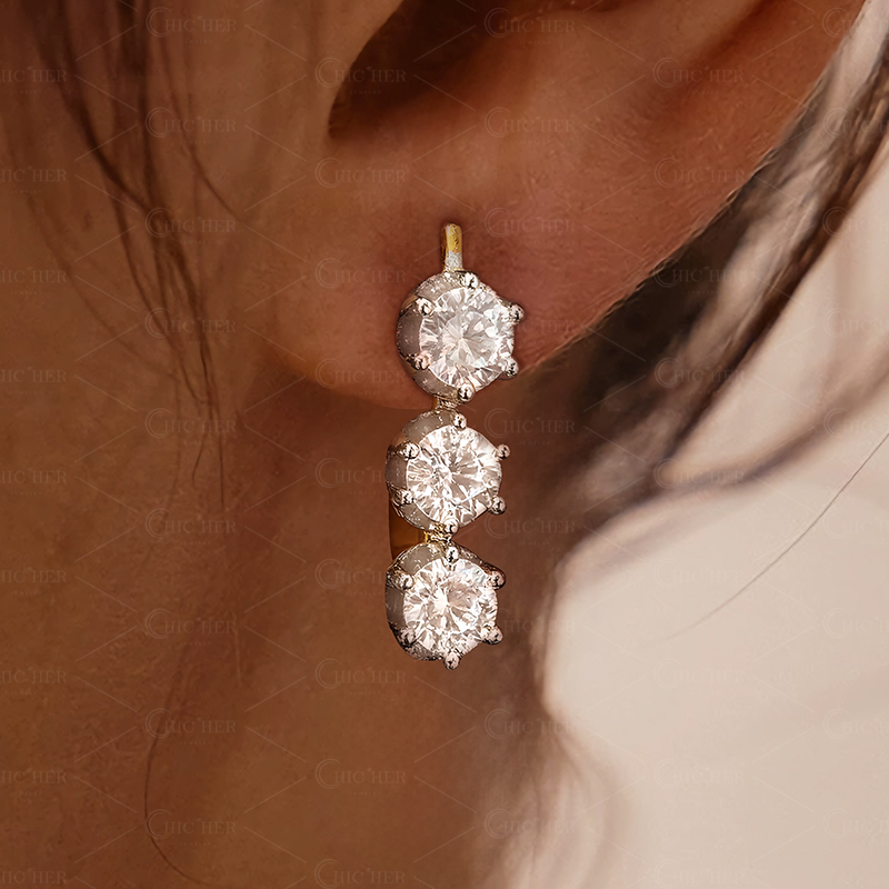 Three-stone Round Cut White Sapphire Dangle Earrings
